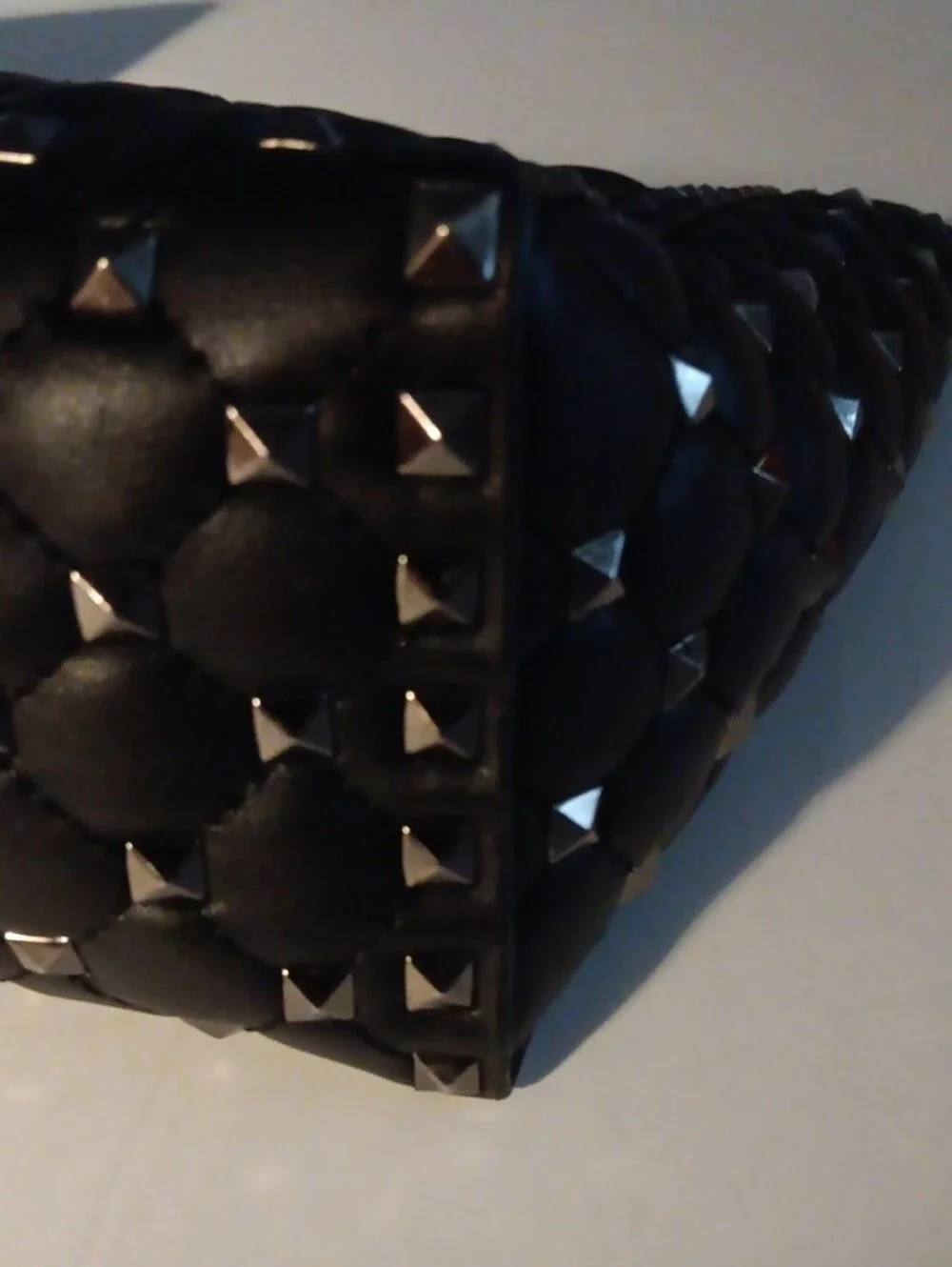 Black Quilted Tote with Pewter Pyramid Studs and Chain Straps By Inzi